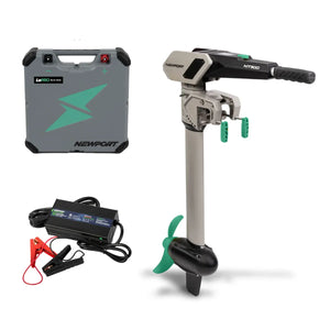 Newport NT300 3HP electric outboard motor with gray battery box, charger, and green propeller.