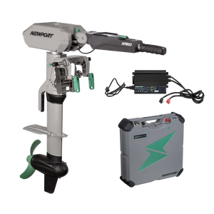 Newport NT600 6hp electric outboard motor, gray and black with green accents, charger, and battery.