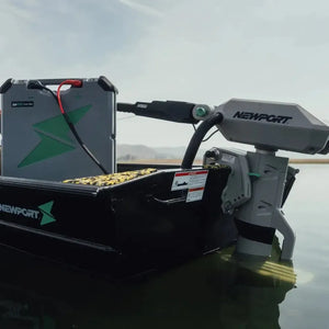 Newport NT600 6hp electric outboard motor mounted on a black jon boat with a gray LoPro battery.