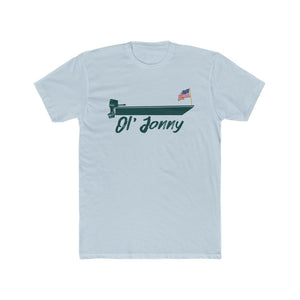 Light blue premium fit Ol' Jonny American hero t-shirt with a dark green boat and US flag graphic.