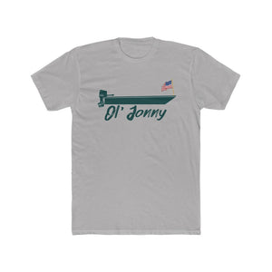 Light gray premium fit t-shirt with a green boat graphic, "Ol' Jonny" text, and an American flag.