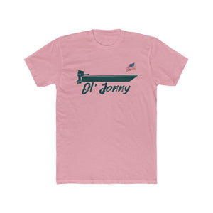Pink premium fit t-shirt with "Ol' Jonny" and a boat with an American flag design.