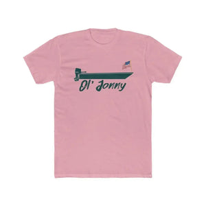 Pink premium fit t-shirt with "Ol' Jonny" and a boat with an American flag design.