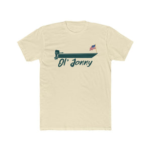 Light beige premium fit cotton t-shirt with a dark green boat and American flag graphic, "Ol' Jonny" text.
