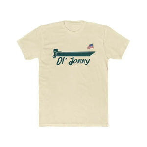 Light beige premium fit cotton t-shirt with a dark green boat and American flag graphic, "Ol' Jonny" text.