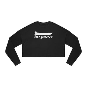 Black Ol' Jonny cropped sweatshirt with white boat graphic, relaxed fit, and drop-shoulder seam.