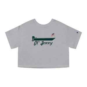 Gray Champion cropped t-shirt with "Ol' Jonny" boat graphic and American flag, "C" logo on sleeve.