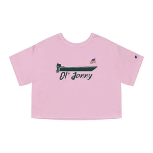 Pink Champion Heritage cropped t-shirt with "Ol' Jonny" boat graphic and American flag, "C" logo on left sleeve.