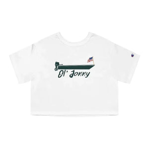 White Champion cropped t-shirt with "Ol' Jonny" boat graphic and American flag, "C" logo on sleeve.