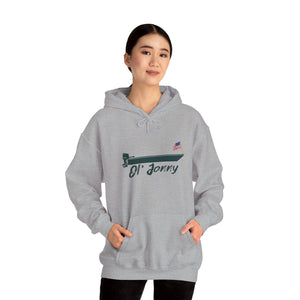 Woman wearing a light gray Ol' Jonny Hoodie with a boat graphic and American flag, featuring a kangaroo pocket.