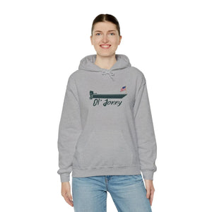 Woman wearing a gray Ol' Jonny Hoodie with a boat graphic and American flag, featuring a kangaroo pocket.