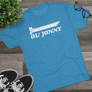 Ol' Jonny blue tri-blend regular fit tee with white boat graphic.
