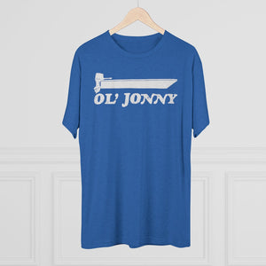 Blue tri-blend regular fit tee with white "Ol' Jonny" boat graphic.