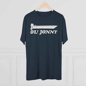 Navy tri-blend regular fit tee with white "Ol' Jonny" boat graphic.