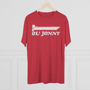 Red tri-blend tee with "Ol' Jonny" and a boat graphic in white, regular fit.