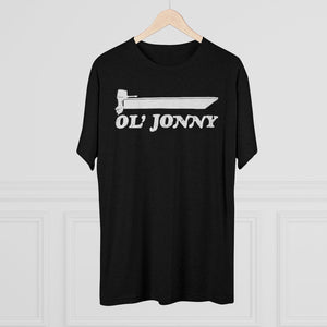 Black tri-blend regular fit tee with white "Ol' Jonny" boat graphic.
