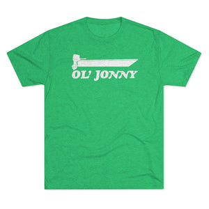 Green tri-blend tee with white "Ol' Jonny" boat graphic.