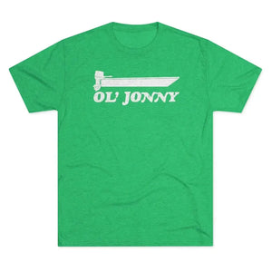 Green tri-blend tee with white "Ol' Jonny" boat graphic.