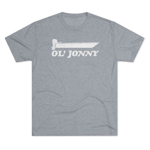 Light gray tri-blend tee with "Ol' Jonny" and a boat graphic in white.