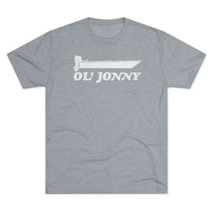Light gray tri-blend tee with "Ol' Jonny" and a boat graphic in white.