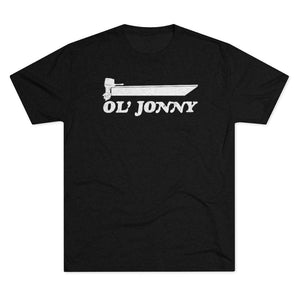 Black tri-blend tee with white "Ol' Jonny" boat graphic.