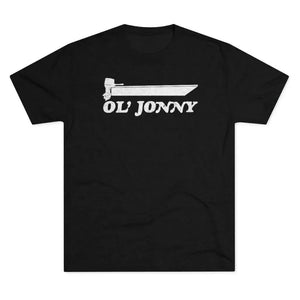Black tri-blend tee with white "Ol' Jonny" boat graphic.
