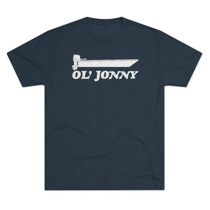Dark navy tri-blend tee with a white distressed "Ol' Jonny" boat graphic.