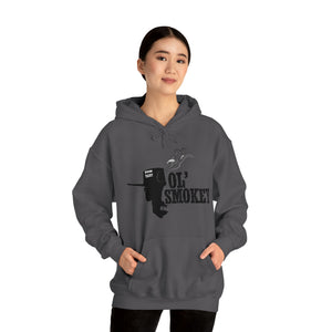 Woman wearing a charcoal gray Ol' Smokey Hoodie with a 2-stroke engine graphic and text.