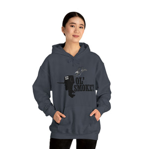 Woman wearing a dark gray Ol' Smokey Hoodie with a classic fit and a 2-stroke engine graphic.