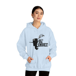 Light blue Ol' Smokey Hoodie with a black two-stroke engine graphic and "OL' SMOKEY" text.
