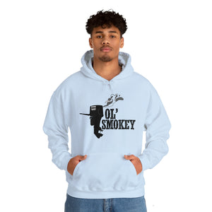 Young man wearing a white Ol' Smokey Hoodie with a black 2-stroke engine graphic.
