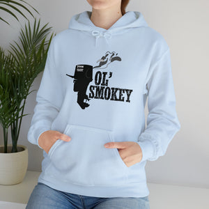 Light blue Ol' Smokey Hoodie with black two-stroke engine graphic and front pouch pocket.