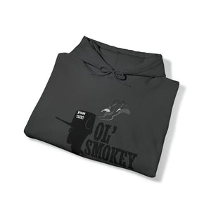 Folded black Ol' Smokey Hoodie with a two-stroke engine graphic and "JON YACHT" text.