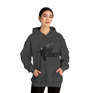 Woman wearing a charcoal gray Ol' Smokey Hoodie with a classic fit and front pouch pocket.