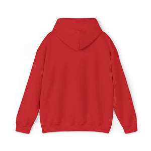 Back view of a classic fit red Ol' Smokey Hoodie, 50% cotton, 50% polyester.