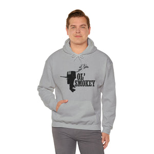 Gray Ol' Smokey Hoodie with a black 2-stroke engine graphic and front pocket, worn by a man.