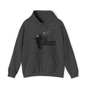 Dark gray Ol' Smokey Hoodie with a black graphic of a smoking outboard motor and text.