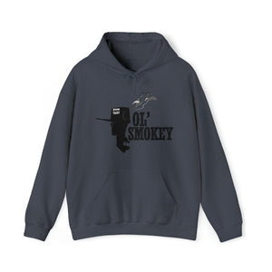 Ol' Smokey Hoodie in navy blue with a black 2-stroke engine and "OL' SMOKEY" graphic.