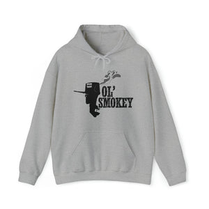 Light grey Ol' Smokey Hoodie with black outboard motor graphic and "Ol' Smokey" text.