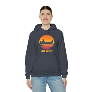 Woman wearing a dark gray cotton-polyester hoodie with a sunset boat graphic and "JON YACHT" text.