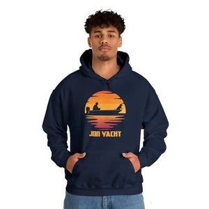 Navy hoodie with a sunset graphic featuring a boat, fisherman, and "JON YACHT" text.