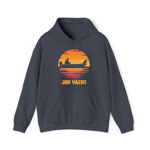 Navy blue hoodie with a sunset graphic featuring two people in a boat and "JON YACHT" text.