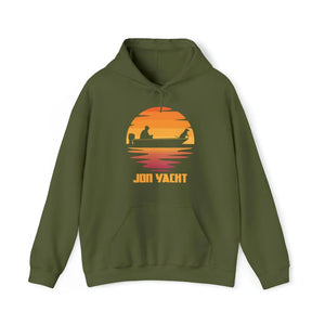 Olive green hoodie with a sunset graphic featuring two people in a boat and "JON YACHT" text.