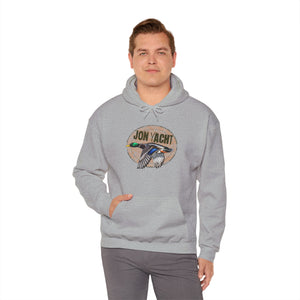 Gray cotton-polyester hoodie with "JON YACHT" text and a flying mallard duck graphic.