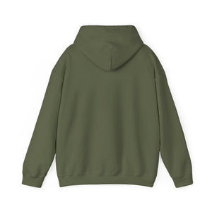 Back view of a classic fit, olive green cotton-polyester hoodie with a spacious hood.