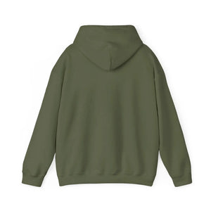 Back view of a classic fit, olive green cotton-polyester hoodie with a spacious hood.