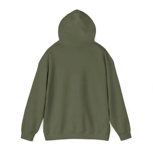 Back view of a classic fit, olive green cotton-polyester hoodie with a spacious kangaroo pocket.