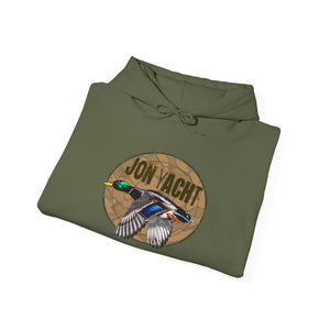 Olive green cotton-polyester hoodie with a circular "Jon Yacht" logo featuring a flying mallard duck.