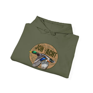 Olive green cotton-polyester hoodie with a circular "Jon Yacht" logo featuring a flying mallard duck.
