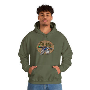 Man in an olive green cotton-polyester hoodie with a "Jon Yacht" logo and flying mallard duck graphic.